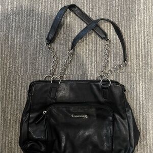 Franco Sarto Black Pebbled Leather Shoulder Bag with Chain-Strap Detail